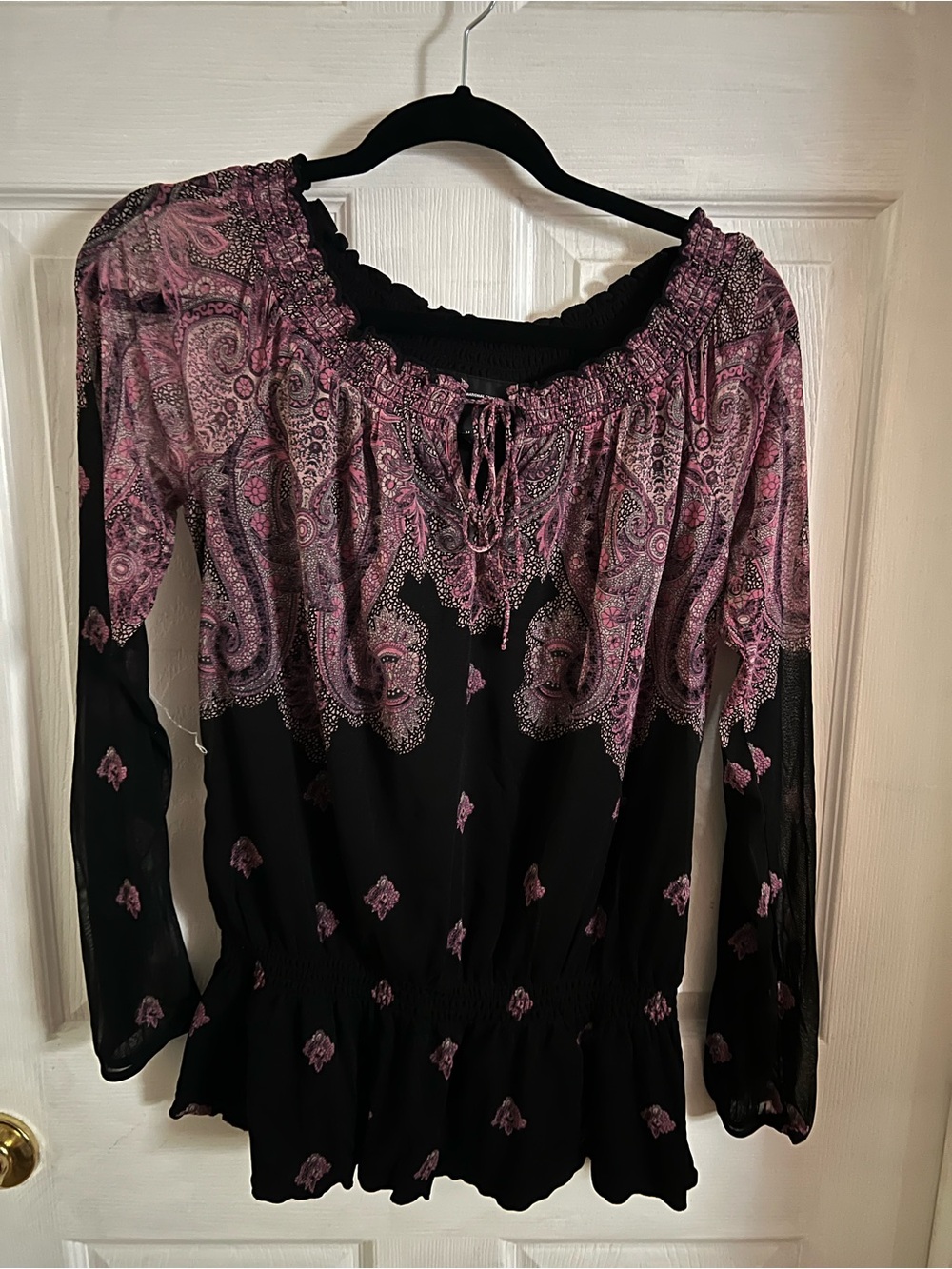 Women’s Off-Shoulder Paisley Blouse - Black & Mauve sheer lightweight